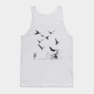 Silhouette Of A Flock Of Seagulls Scavenging Black Tank Top